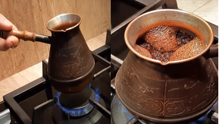 Сосуд, наполненный водой с перемолотым кофе ставим на огонь и доводим до кипения