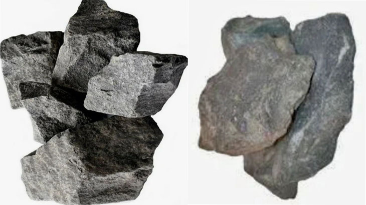 Природные наполнители каменки, слева — вулканит, справа — базальт 